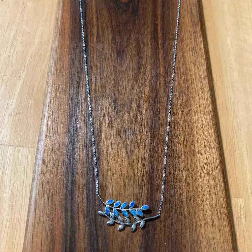 Sterling Silver Necklace with Blue Opalite Leaves - 925 Stamped - 17 in - NEW